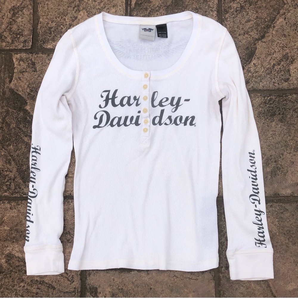 Harley Davidson Women’s Ribbed Henley Shirt Large Long Sleeve Motorcycle Biker